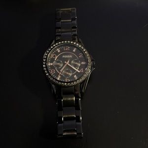 Women's Fossil Riley Black and Rose gold Plated Stainless Steel Bracelet Watch